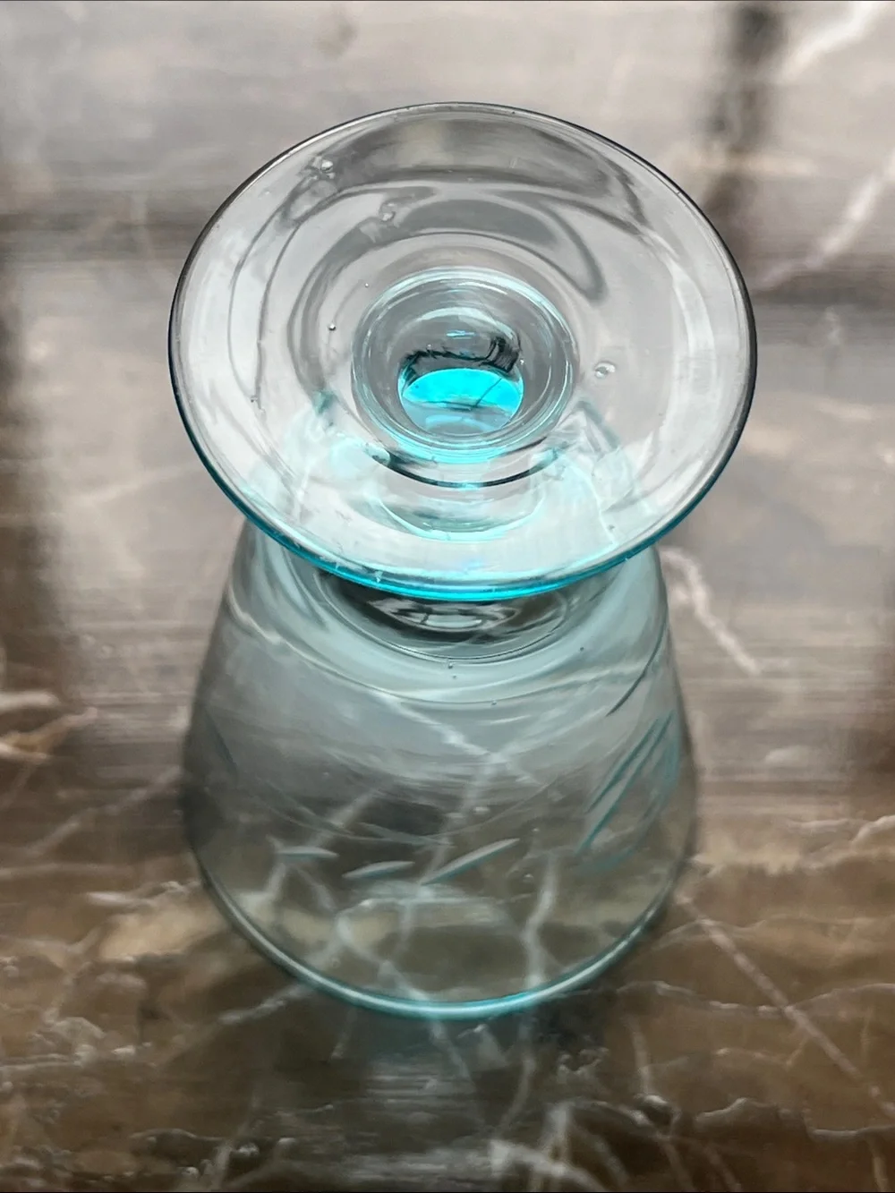 Etched Glass Goblet with Aqua Base